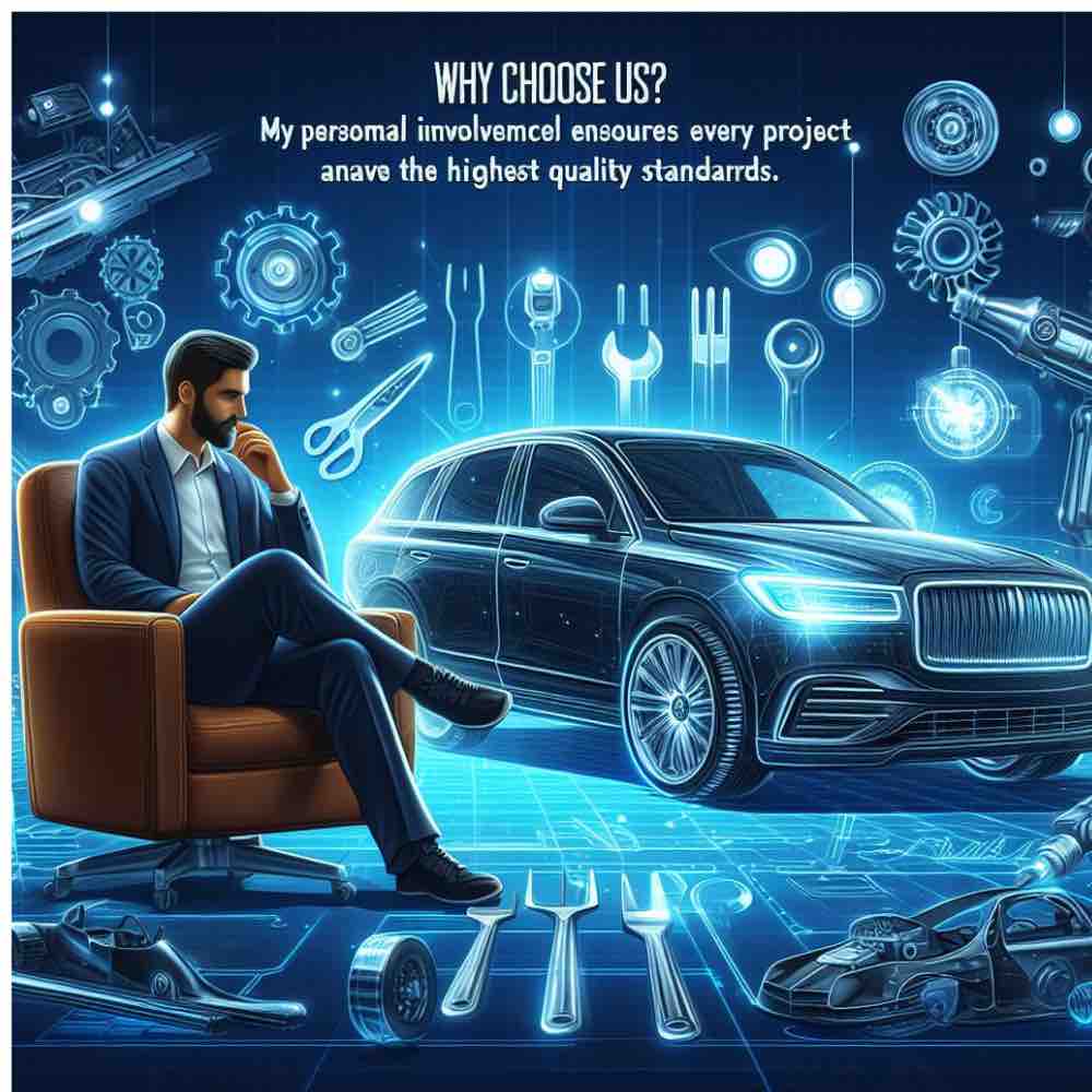 Digital artwork or advertisement featuring a person on a chair, a luxury car, and various tools with neon outlines. Top text highlights quality service and title os 'who we are'.