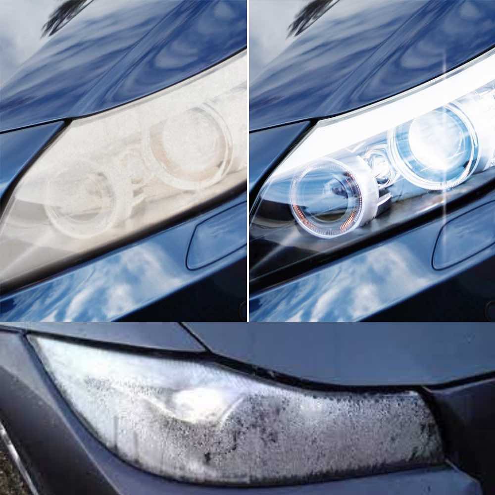 Car headlight comparison: Top left and bottom quadrants show cloudy, opaque headlights indicating wear. Top right quadrant displays clear and transparent headlight, suggesting successful cleaning or restoration.