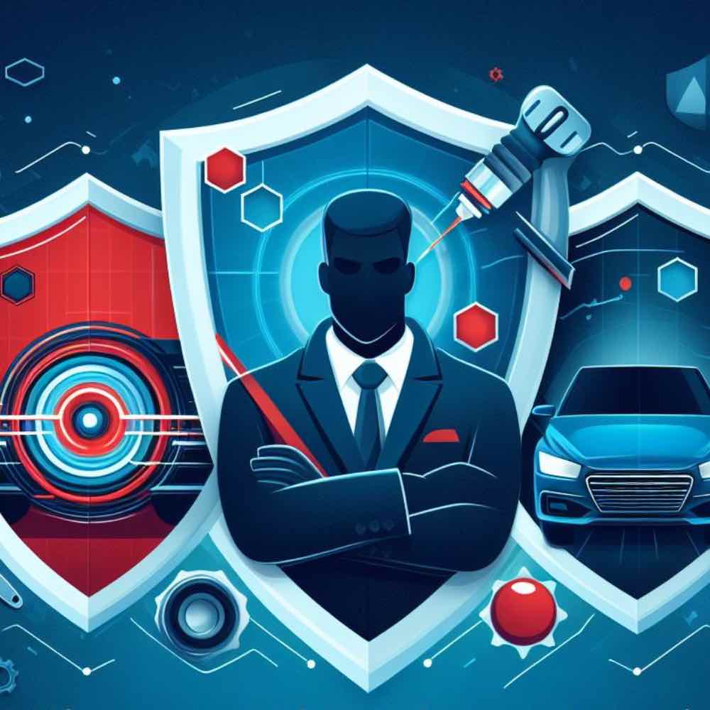 Digital illustration representing security and protection with a man's silhouette, a car, and technological interfaces. Top text emphasizes the quality of service.